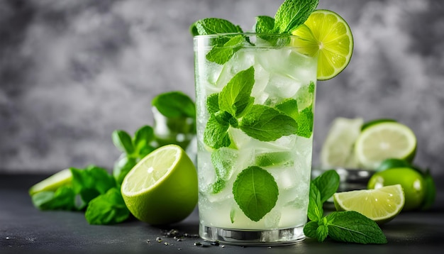 Foto un vaso de limonada con hojas de lima y menta