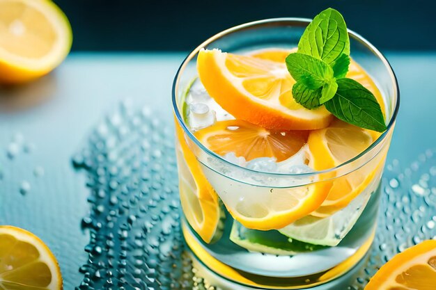 un vaso de limonada con hojas de menta en él