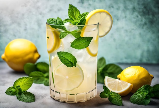 Foto un vaso de limonada con hojas de menta y hojas de mentola