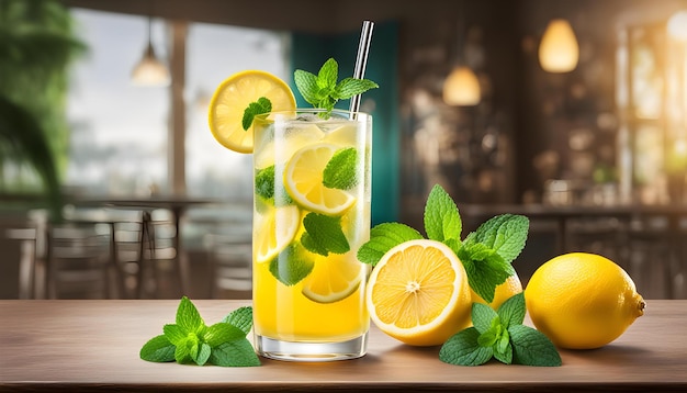 un vaso de limonada con hojas de menta y hojas de mentola