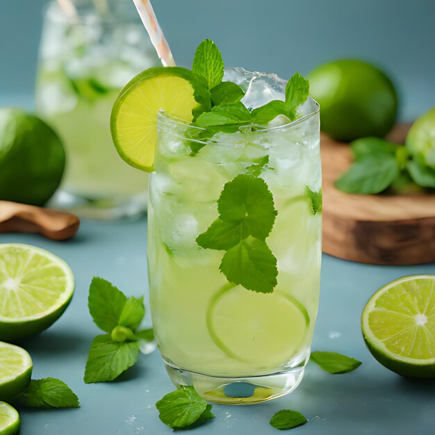 Foto un vaso de limonada con hojas de menta y hojas de tinta