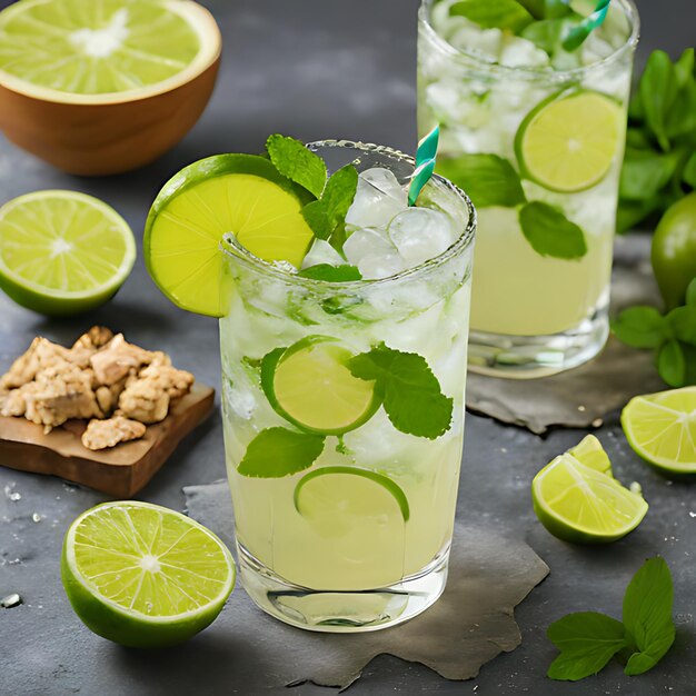 Foto un vaso de limonada con hojas de menta y lima