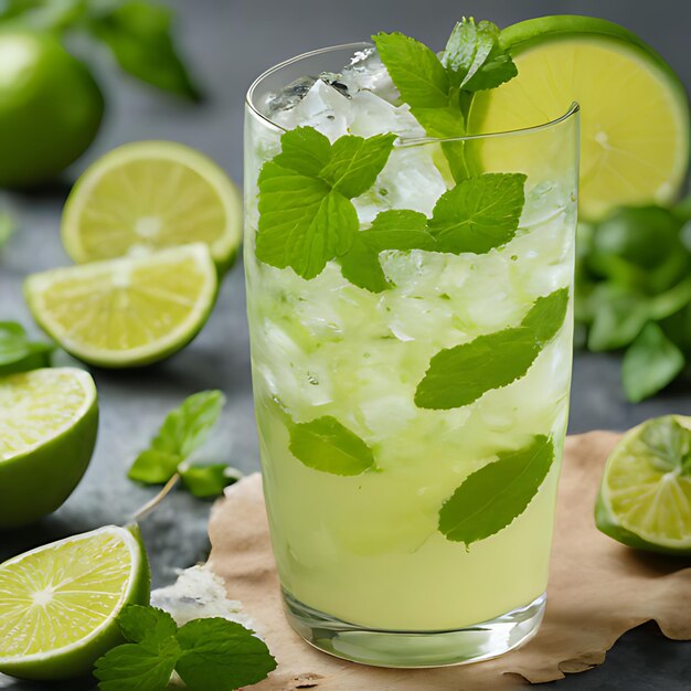 Foto un vaso de limonada con hojas de menta y limas en una mesa