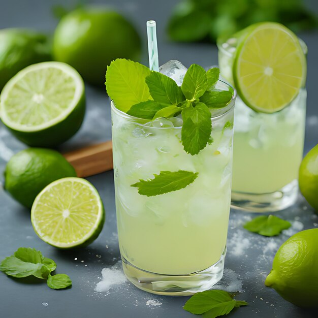 Foto un vaso de limonada con hojas de menta y limas