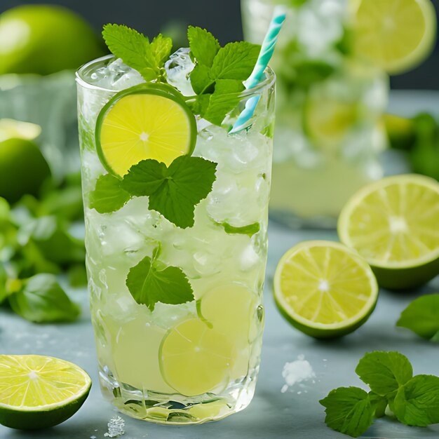 Foto un vaso de limonada con hojas de menta y limas