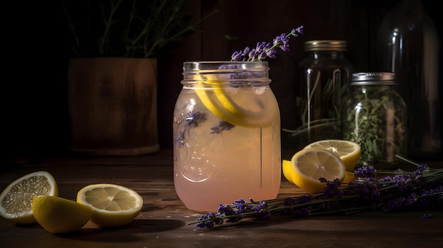 Un vaso de limonada de lavanda con rodajas de limón sobre una mesa de madera.