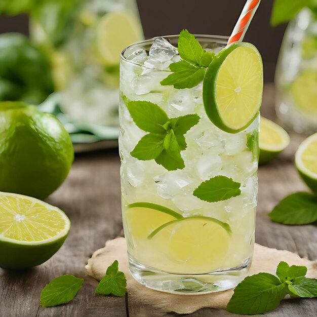 un vaso de limonada con limas y hojas de menta