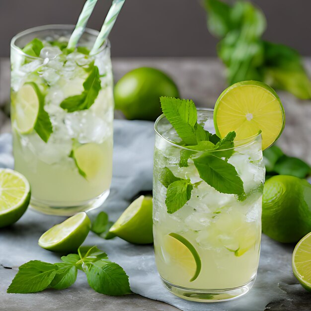 un vaso de limonada con limas y hojas de menta
