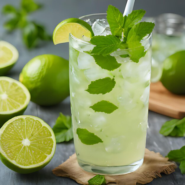 Foto un vaso de limonada con limas y hojas de menta