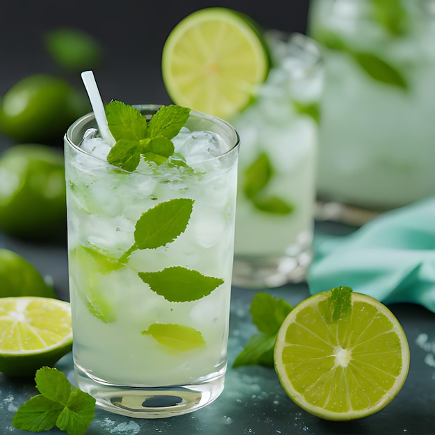 Foto un vaso de limonada con limas y hojas de menta