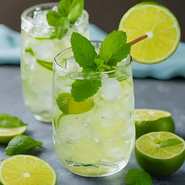 Foto un vaso de limonada con limas y hojas de menta