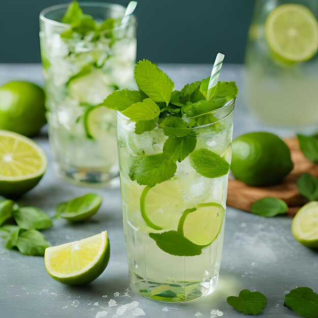 Foto un vaso de limonada con limas y hojas de menta