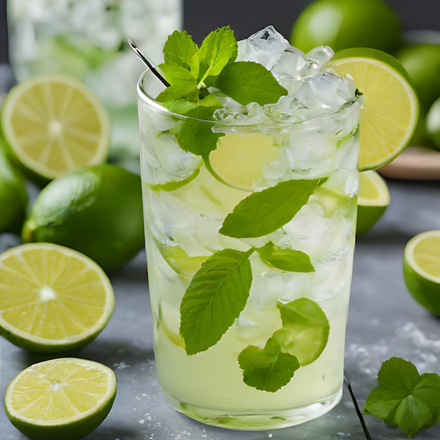 Foto un vaso de limonada con limas y hojas de menta