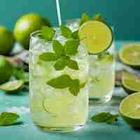 Foto un vaso de limonada con limas y hojas de menta