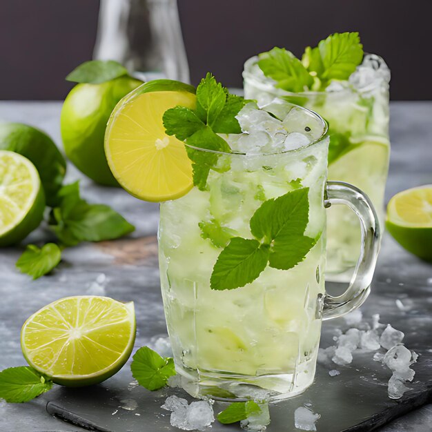 un vaso de limonada con limas y limas