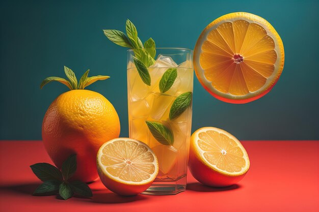 Vaso de limonada con limones frescos