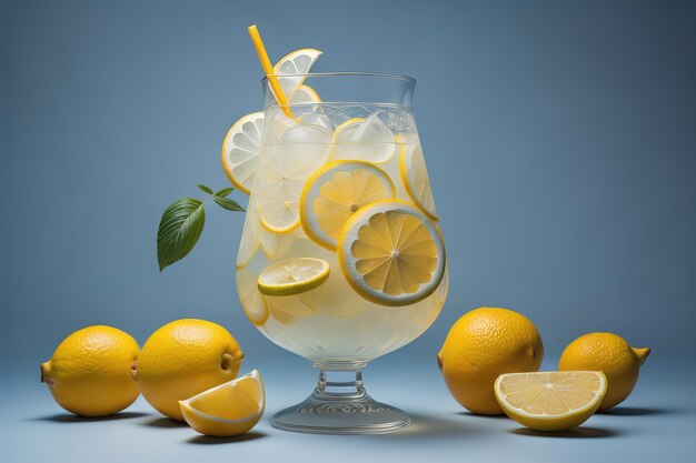 Vaso de limonada con limones frescos