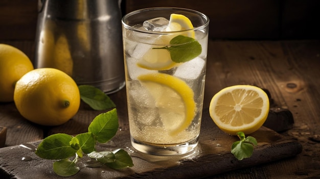 Un vaso de limonada con limones y hojas de menta sobre una mesa de madera.