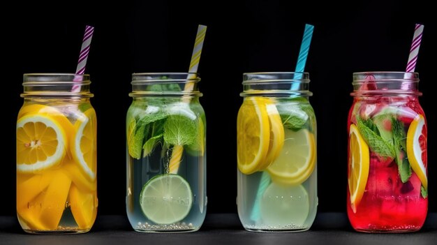 Un vaso de limonada con limones y hojas de menta.