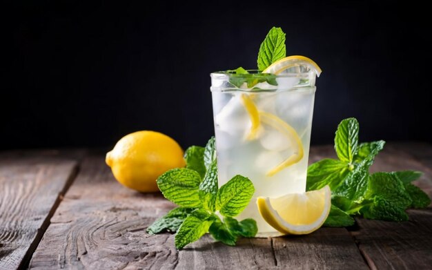 Un vaso de limonada con limones y hojas de menta