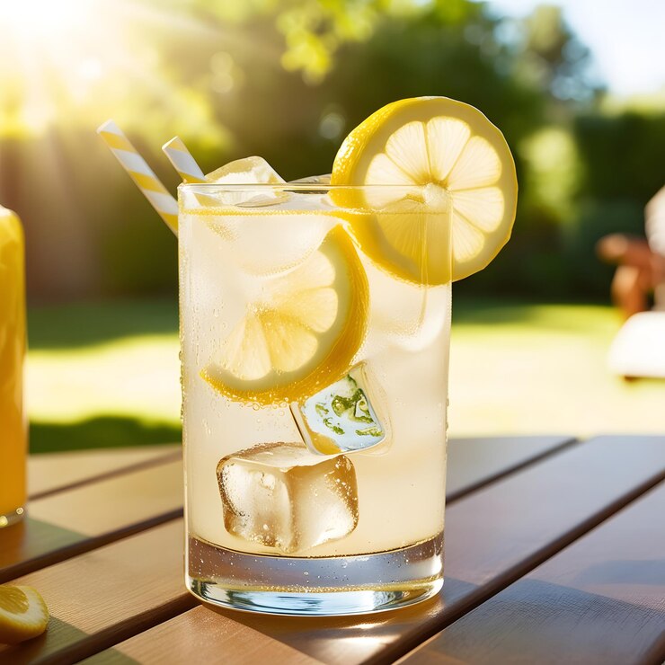 un vaso de limonada con limones y limones en una mesa de picnic