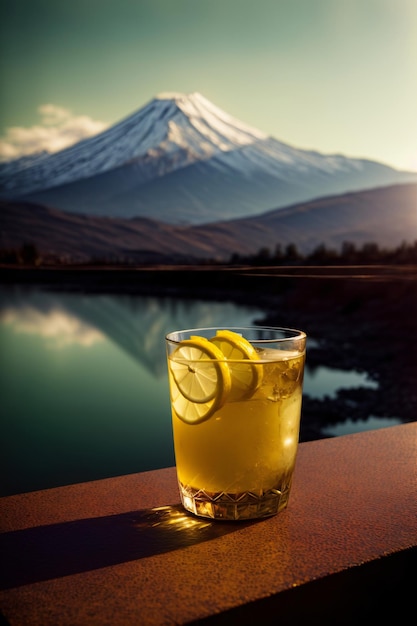 Un vaso de limonada con una montaña al fondo