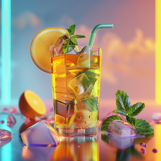 un vaso de limonada con una paja y hojas de menta