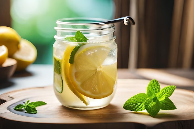 Un vaso de limonada con pajita y un vaso de limonada sobre una tabla para cortar madera.