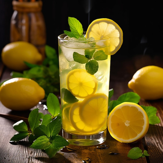 un vaso de limonada con rebanadas de limón y hojas de menta.