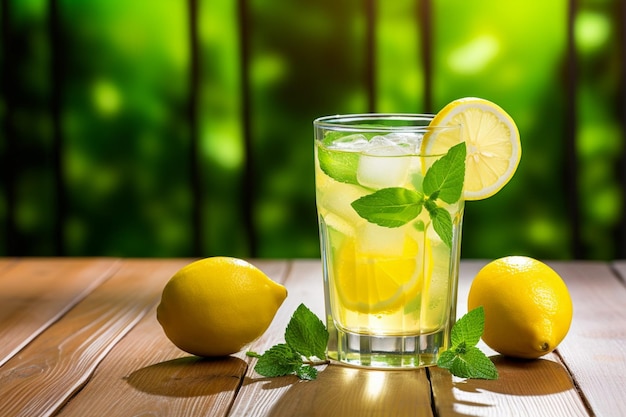 Foto un vaso de limonada, un refresco, un jugo de limón en una mesa de madera, una bebida refrescante en verano.