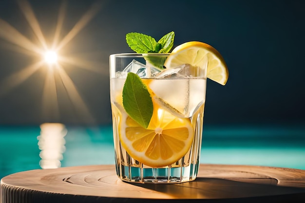 Un vaso de limonada con una rodaja de lima en el borde descansa sobre una mesa de madera junto a una piscina.