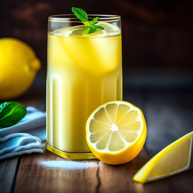 Un vaso de limonada con una rodaja de limón al lado