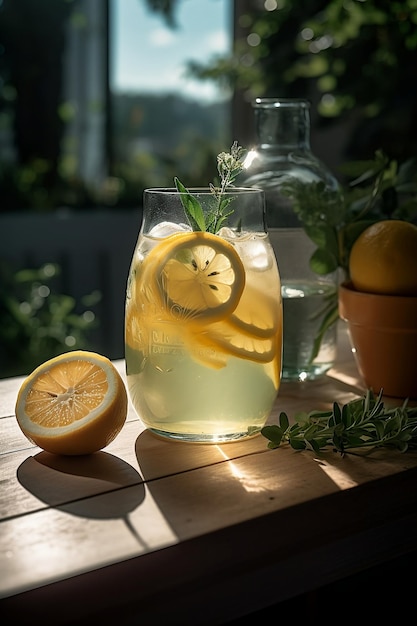 Un vaso de limonada con rodajas de limón sobre una mesa de madera.