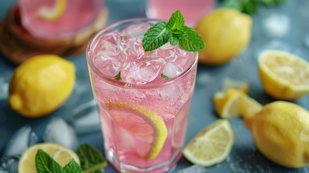 Un vaso de limonada rosa con un toque de limón y menta