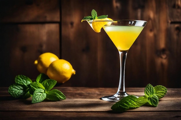 un vaso de limonada se sienta en una mesa con limones y hojas de menta