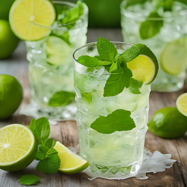 Foto un vaso de limonada se sienta en una mesa de madera con limas y limas