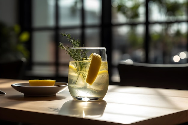 Un vaso de limonada se sienta en una mesa con un vaso de limonada en la mesa.