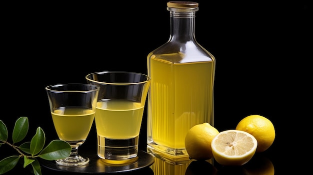 un vaso de limones frescos con aceite de oliva y aceite deoliva en la mesa oscura