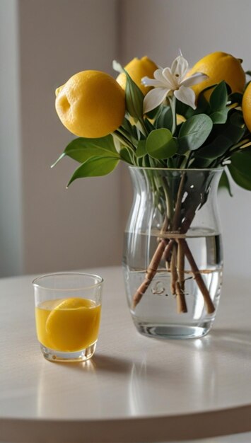 un vaso de limones y un limón en una mesa con un jarrón de limones