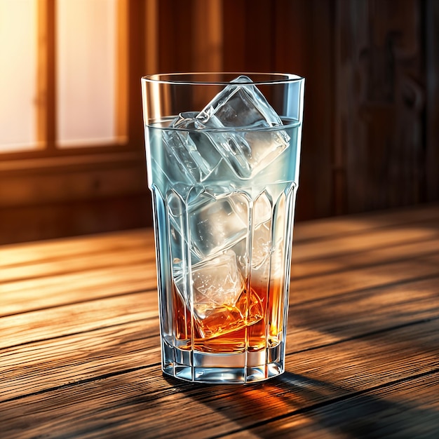 Un vaso con líquido y hielo dentro sentado en una mesa de madera