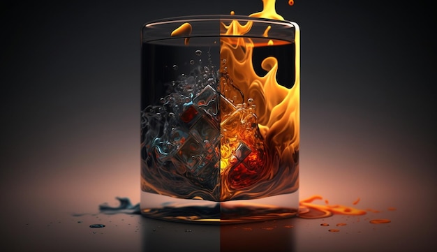 Un vaso de líquido con hielo y fuego