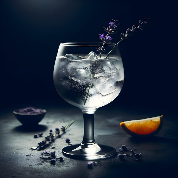 Foto un vaso de líquido púrpura con hielo y flores de lavanda generativo ai