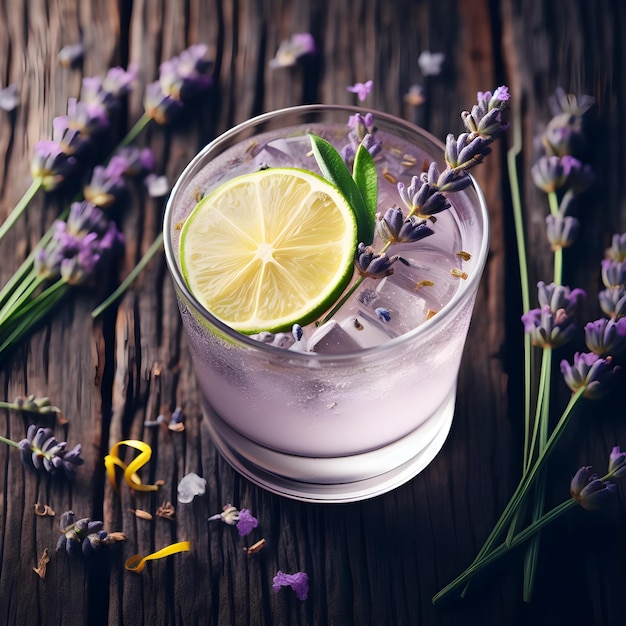 Un vaso de líquido púrpura con hielo y flores de lavanda generativo ai