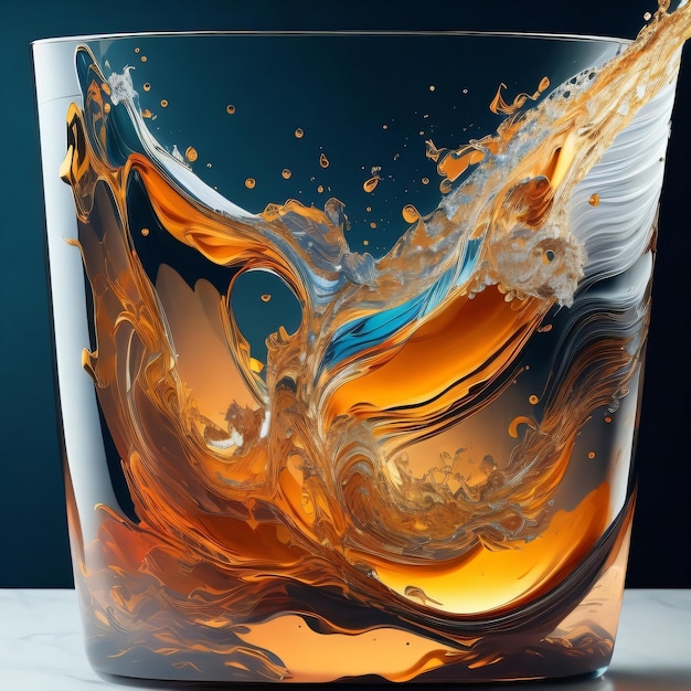 Un vaso con líquido que es naranja y azul.