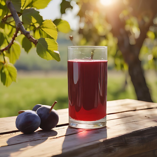 un vaso de líquido rojo al lado de una ciruela azul