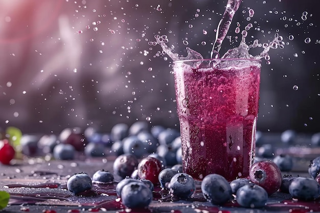 un vaso de líquido rojo con arándanos y arándanos