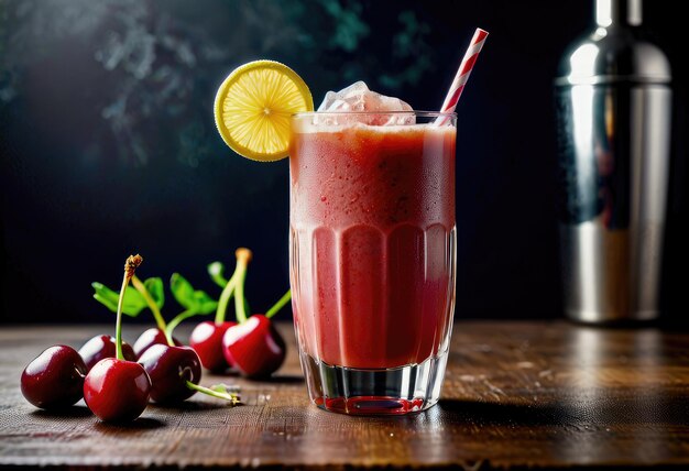 un vaso de líquido rojo con cerezas en la parte inferior