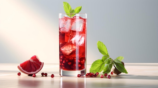 Un vaso de líquido rojo con hielo y hojas de menta.