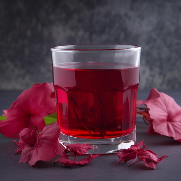 Foto un vaso de líquido rojo junto a unas flores sobre una mesa.