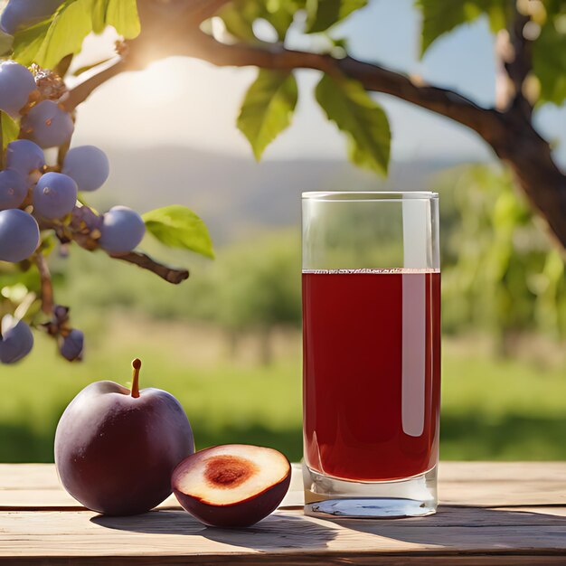 un vaso de líquido rojo junto a un pomelo